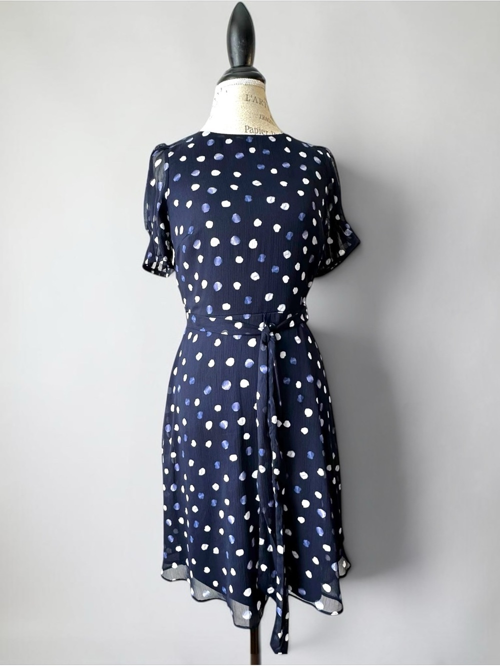 Navy Blue Polka Dot Chiffon Puff-Sleeve Midi Belted Dress Garden Party NWT Sz 2